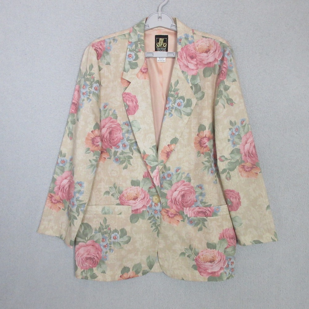 San Moire Vintage Floral Linen Blend Blazer Jacket Beige Pink Rose Made in USA M